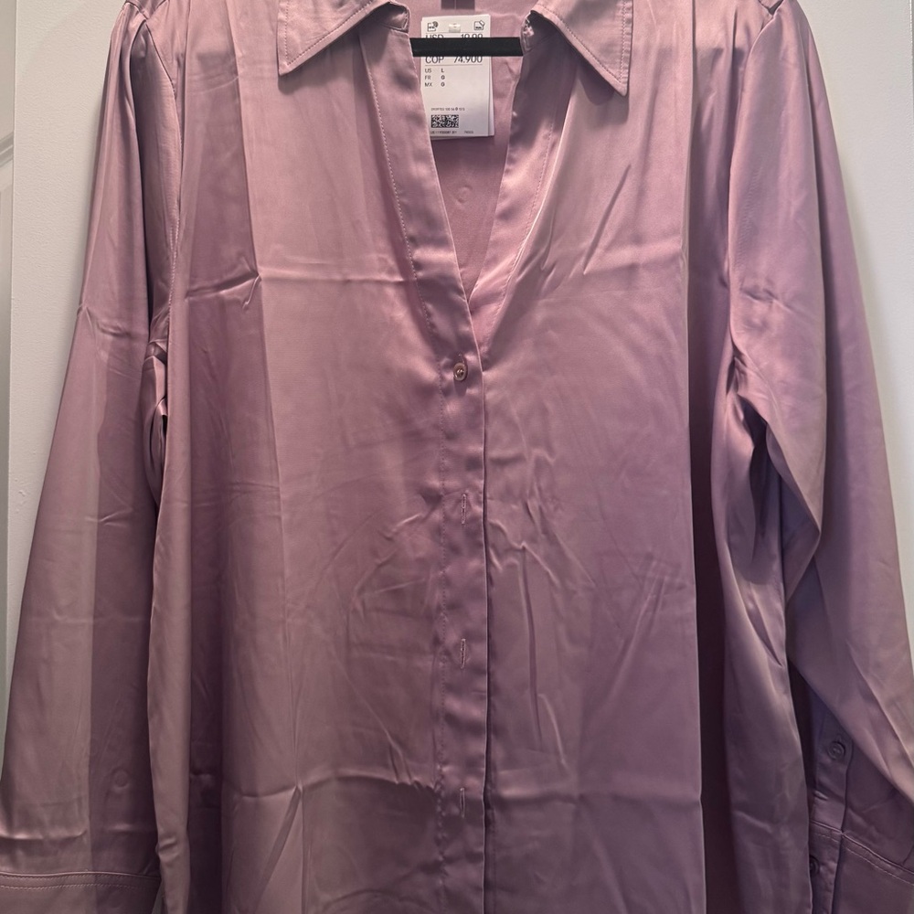 H&M Lavender-Gray Satin Button-Up Blouse